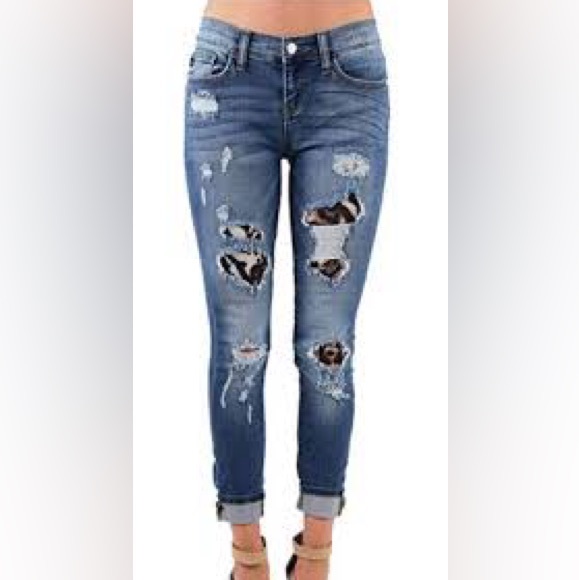 Judy Blue Distressed Leopard Patch Jeans Womens Size 5/27 Stretch Blue D… - Picture 1 of 5